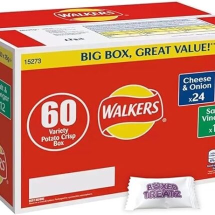 Walkers Crisps Walkers Classic Box Crisps Pack Of 60 x 25g - 24 x Cheese Onion, 24 x Ready Salted, 12 x Salt & Vinegar 3 Different Flavours Boxed Treatz